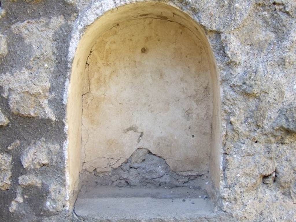 I.14.7 Pompeii. March 2009. Windowed triclinium, arched niche on west wall. According to Giacobello, this arched niche was painted with white stucco. See Giacobello, F., 2008. Larari Pompeiani: Iconografia e culto dei Lari in ambito domestico. Milano: LED Edizioni. (p.289)