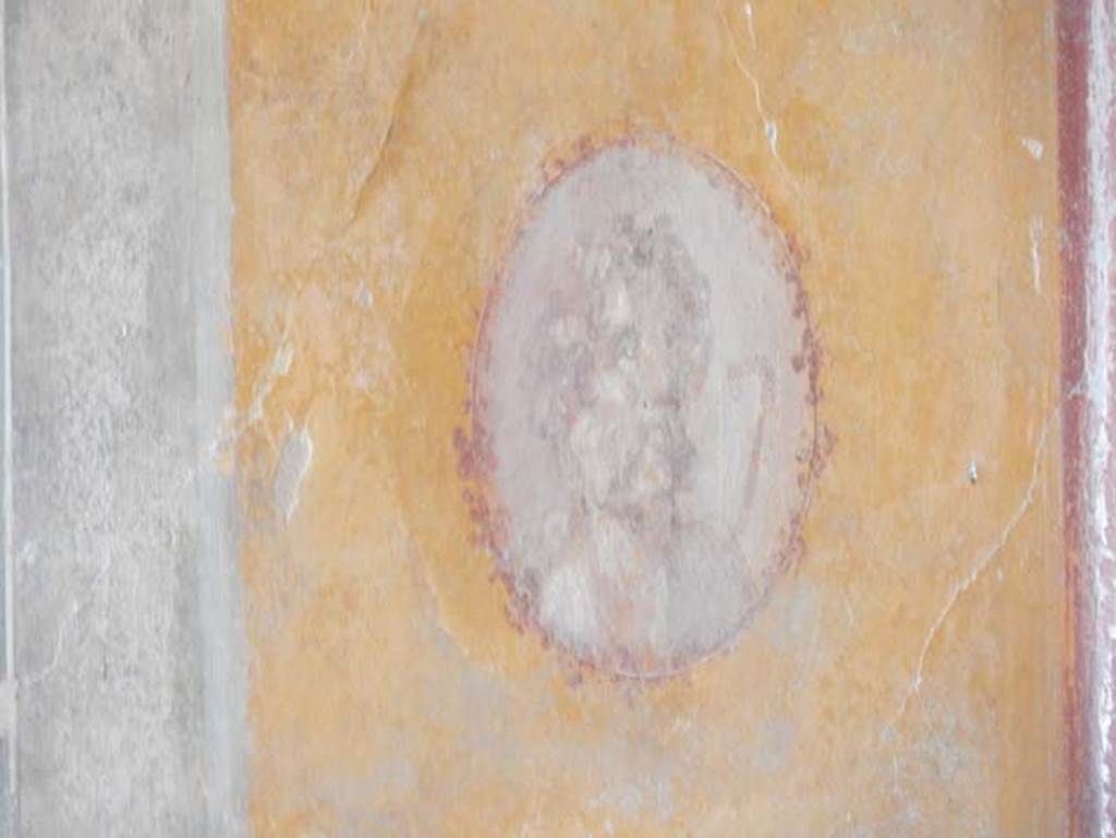 I.14.12, Pompeii. May 2018. Room 34, detail of medallion on north wall at east end.
Photo courtesy of Buzz Ferebee.