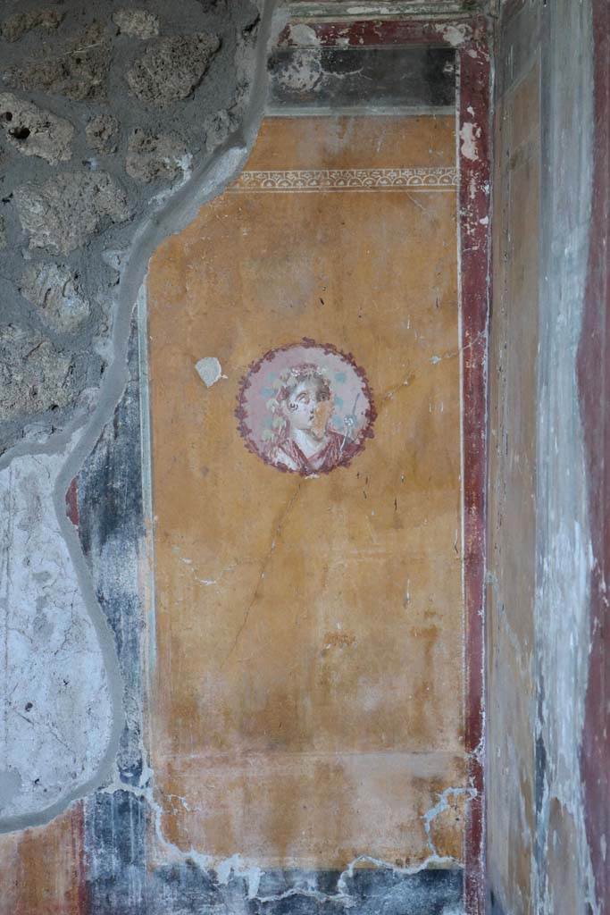 I.14.12, Pompeii. December 2018. Room 34, detail of medallion on east wall at south end.
Photo courtesy of Aude Durand.