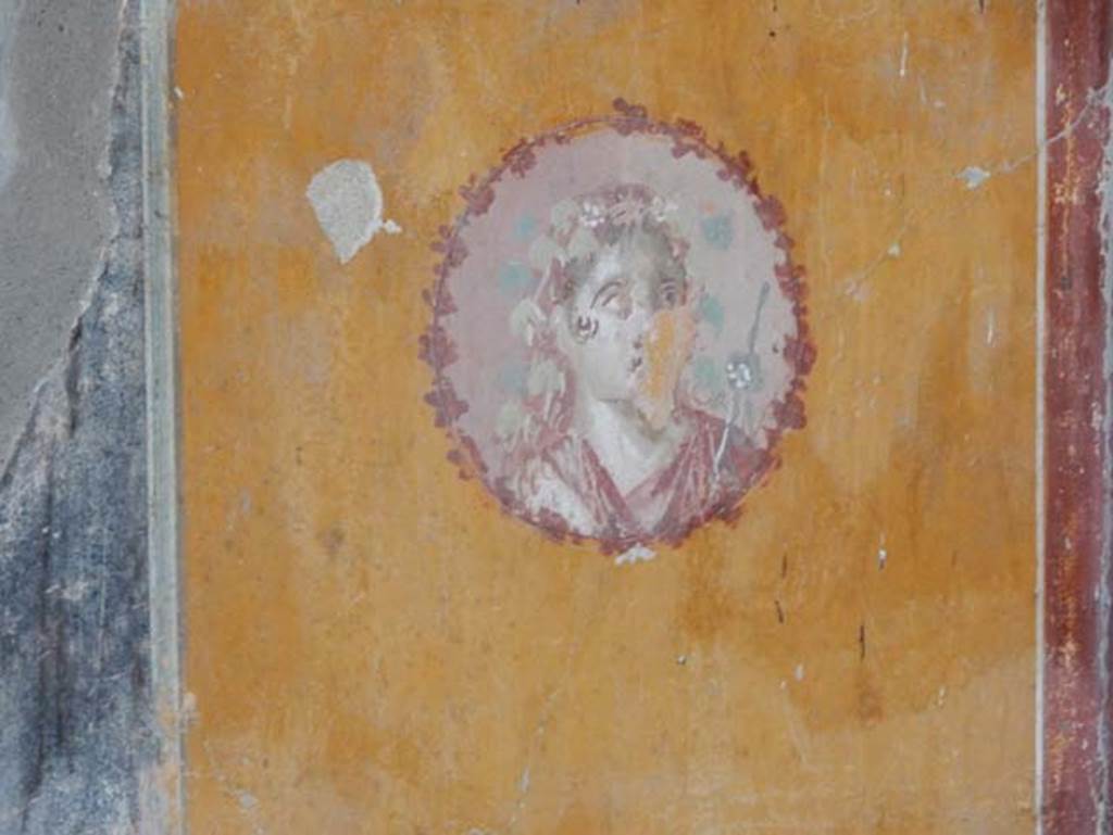 I.14.12, Pompeii. May 2018. Room 34, detail of medallion on south wall at east end.
Photo courtesy of Buzz Ferebee.