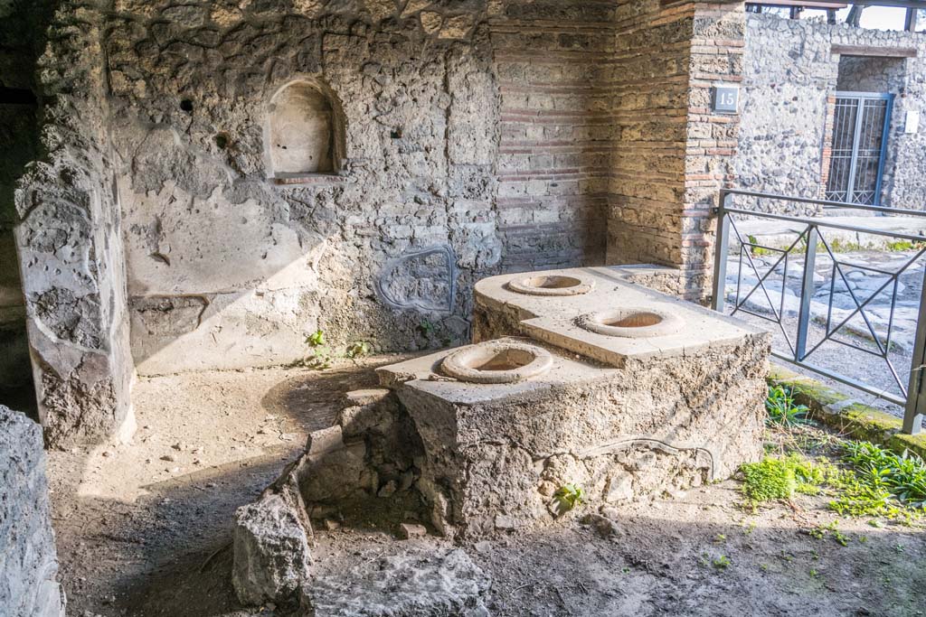 I.14.15 Pompeii. January 2019. Detail of bar/podium with remains of hearth at north end, and east wall with niche.
Photo courtesy of Johannes Eber.