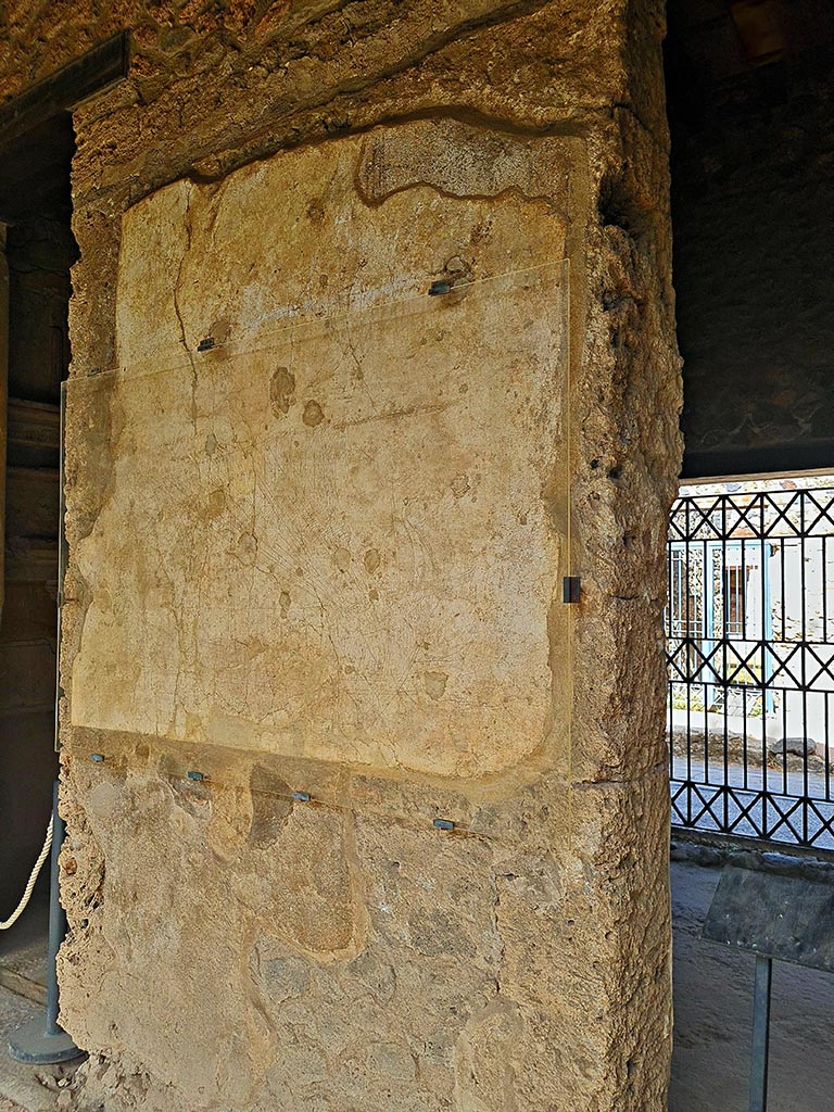 I.15.3 Pompeii. September 2024.
North wall of north portico 10, with graffito of ship Europa. Photo courtesy of Giuseppe Ciaramella.