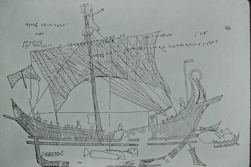 I.15.3 Pompeii. 1972. North wall of portico 10. Drawing of ship Europa, and graffiti. Photo by Stanley A. Jashemski.
Source: The Wilhelmina and Stanley A. Jashemski archive in the University of Maryland Library, Special Collections (See collection page) and made available under the Creative Commons Attribution-Non-Commercial License v.4. See Licence and use details.
J72f0787