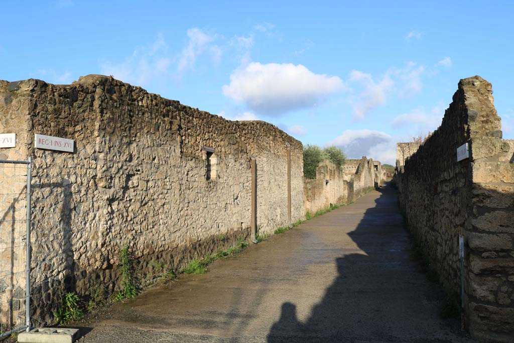 I.16.6 Pompeii, side east wall, on left. December 2018.
Looking north from junction with Vicolo della Nave Europa from Via della Palestra. Photo courtesy of Aude Durand.
