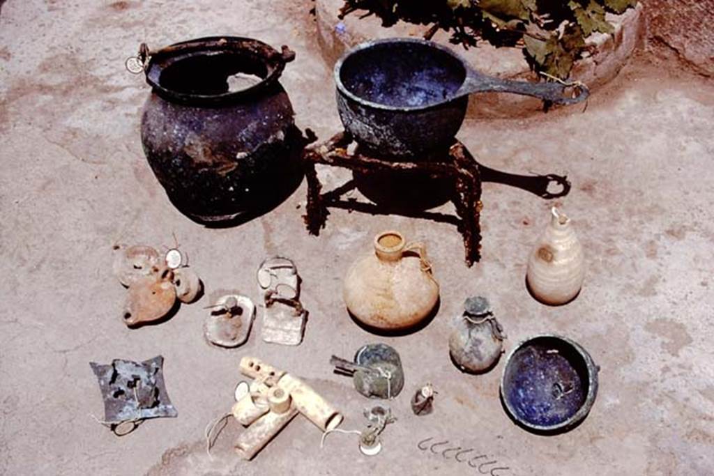 I.20.5 Pompeii. 1973. Variety of objects found. Photo by Stanley A. Jashemski.
Source: The Wilhelmina and Stanley A. Jashemski archive in the University of Maryland Library, Special Collections (See collection page) and made available under the Creative Commons Attribution-Non Commercial License v.4. See Licence and use details. J73f0579