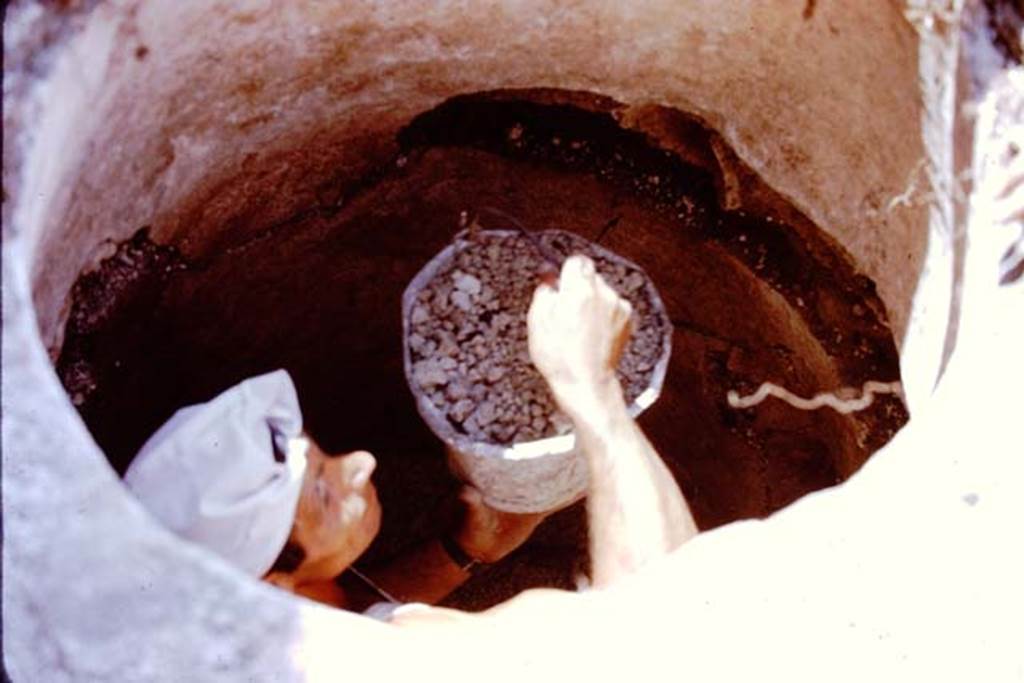 I.20.5 Pompeii. 1972. Worker inside the cistern handing up the bucketful of lapilli. Photo by Stanley A. Jashemski.
Source: The Wilhelmina and Stanley A. Jashemski archive in the University of Maryland Library, Special Collections (See collection page) and made available under the Creative Commons Attribution-Non Commercial License v.4. See Licence and use details. J72f0160