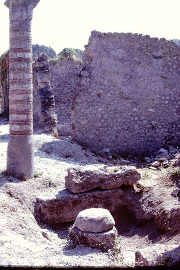 I.21.1 Pompeii. 1974. Looking east towards column and column base in Via della Palestra. Photo by Stanley A. Jashemski.
Source: The Wilhelmina and Stanley A. Jashemski archive in the University of Maryland Library, Special Collections (See collection page) and made available under the Creative Commons Attribution-Non Commercial License v.4. See Licence and use details. J74f0710