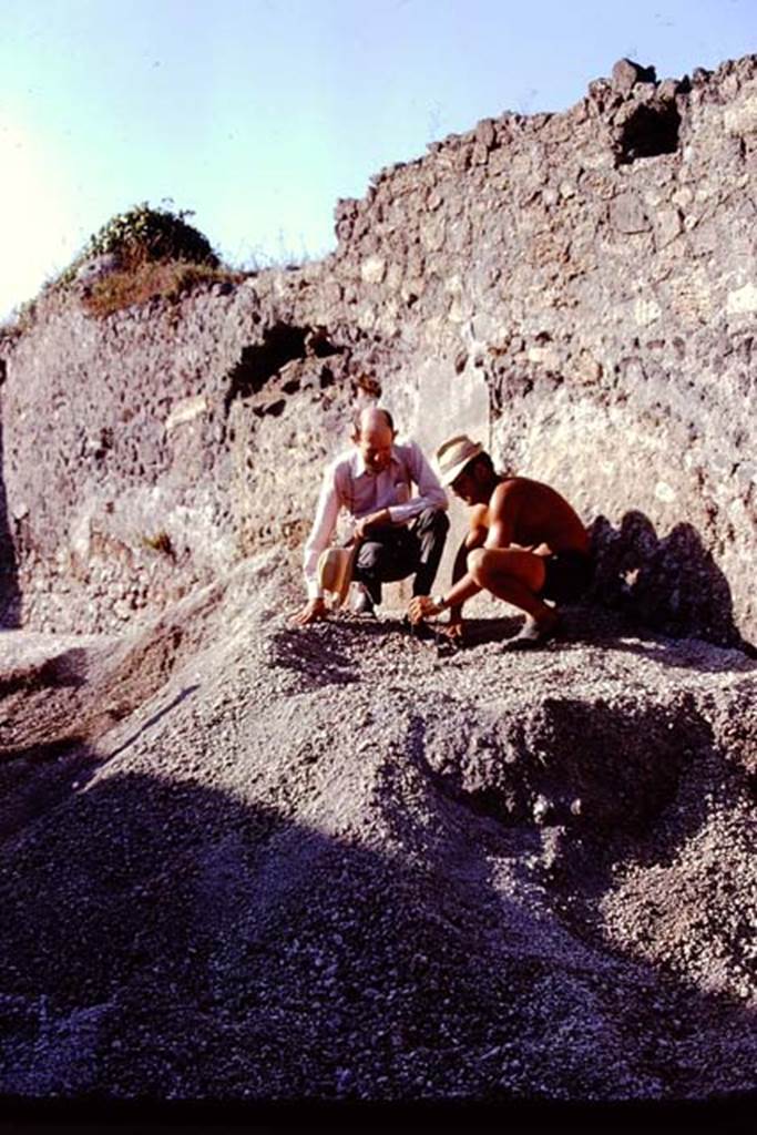 I.21.3 Pompeii. 1974. Stanley watching the careful work on top of the lapilli. Photo by Stanley A. Jashemski.
Source: The Wilhelmina and Stanley A. Jashemski archive in the University of Maryland Library, Special Collections (See collection page) and made available under the Creative Commons Attribution-Non Commercial License v.4. See Licence and use details. J74f0298