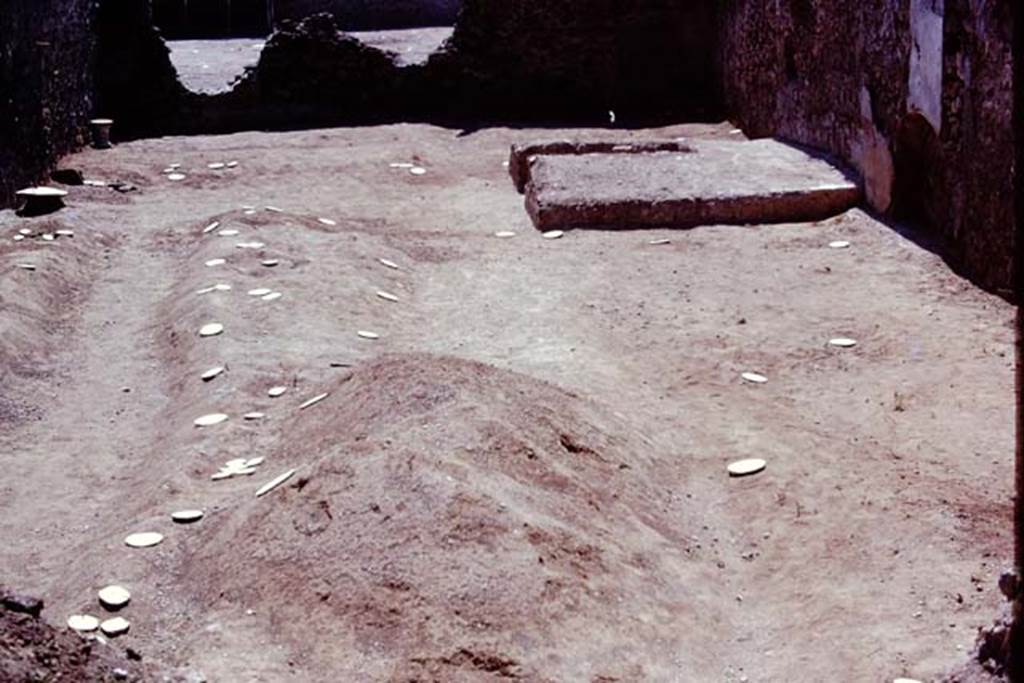 I.21.3 Pompeii. 1974. Looking south across marked root cavities towards triclinium near the west wall. Photo by Stanley A. Jashemski.
Source: The Wilhelmina and Stanley A. Jashemski archive in the University of Maryland Library, Special Collections (See collection page) and made available under the Creative Commons Attribution-Non Commercial License v.4. See Licence and use details. J74f0717