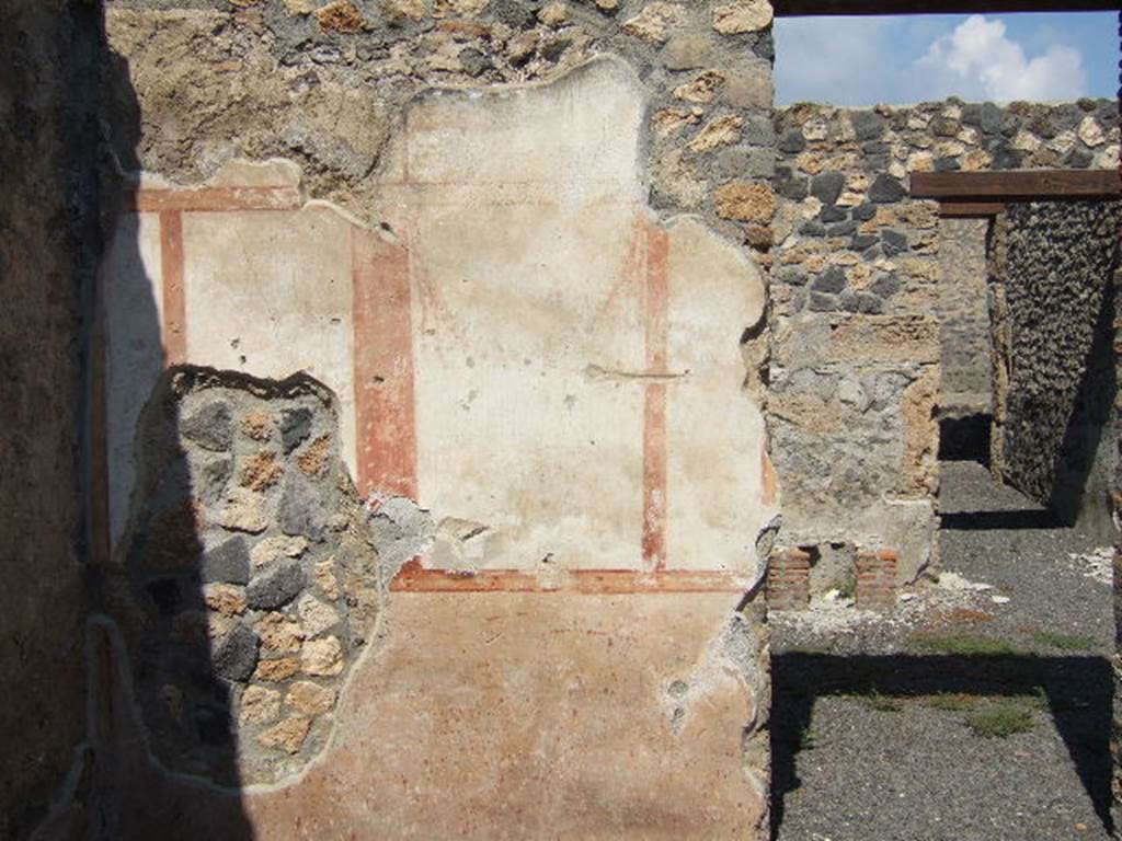 I.21.5 Pompeii. September 2005. North wall of tablinum, with remains of painted plaster. Looking north through doorway, into atrium, and north towards entrance doorway.