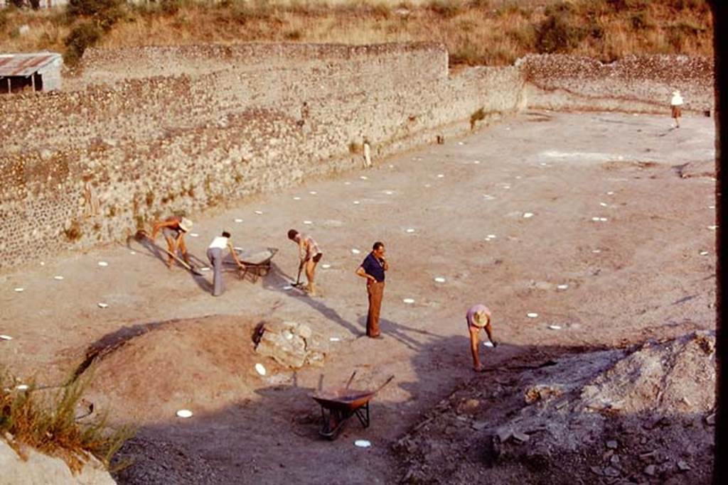 I.22 Pompeii. 1974. Looking south across site, with painted spheres marking the root cavities, which would be visible from the �balloon�.  Photo by Stanley A. Jashemski.   
Source: The Wilhelmina and Stanley A. Jashemski archive in the University of Maryland Library, Special Collections (See collection page) and made available under the Creative Commons Attribution-Non Commercial License v.4. See Licence and use details. J74f0412
