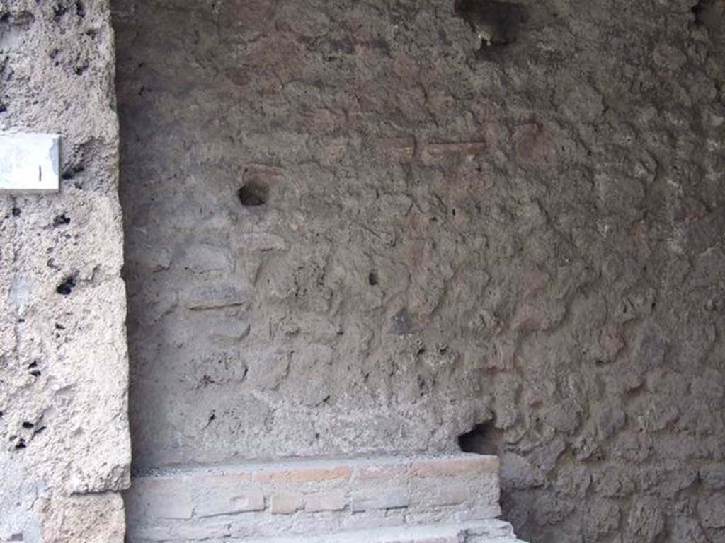 II.1.1 Pompeii. December 2006. East wall with display shelves in north-east corner. When excavated parts of the conserved base of the east and west wall showed painted stucco with red droplets. On the surviving part of the east wall, painted decoration - including panels painted with yellow lines of small leaves on a red background - could be seen.
See Notizie di Scavi, 1917, (p.251)