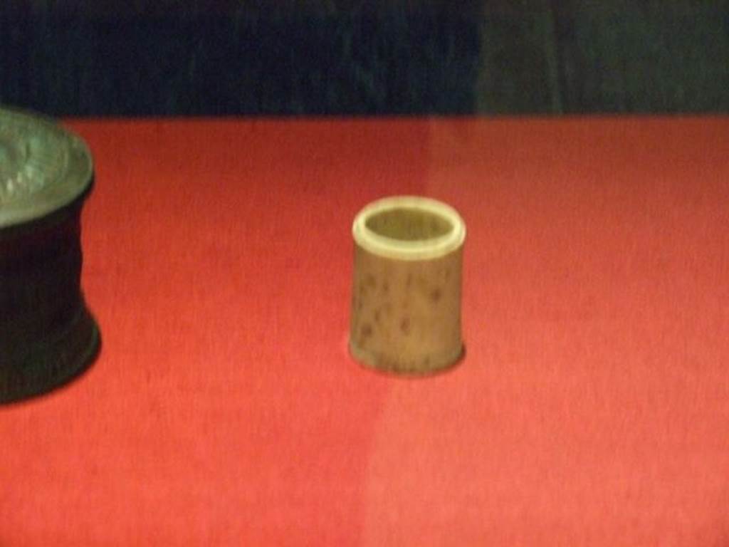 II.1.2 Pompeii.  Bone pot used for holding cosmetic products.  SAP 10390.
The sides are decorated with grooves.  The lid (not exhibited) also has a concentric groove.   Photographed at �A Day in Pompeii� exhibition at Melbourne Museum.  September 2009.  See D�Ambrosio, A., 2001. Women and Beauty in Pompeii. Roma: Bretschneider. (p. 26).
