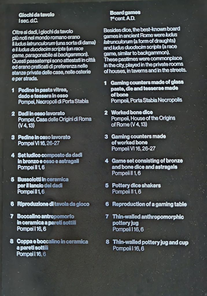 March 2024.
Information card on Board Games from exhibition in Palaestra entitled – “L’altra Pompei, vite comuni all’ombra del Vesuvio”.
Photo courtesy of Giuseppe Ciaramella.