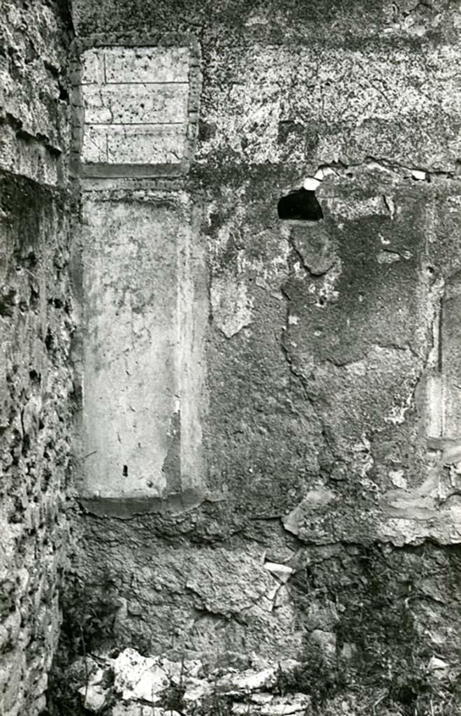 II.1.11/12 Pompeii. 1974.
House, oblong room SW of peristyle, N wall by NW corner, detail. Photo courtesy of Anne Laidlaw.
American Academy in Rome, Photographic Archive. Laidlaw collection _P_74_1_31.