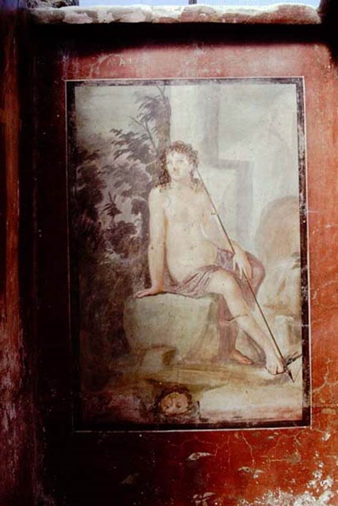 II.2.2 Pompeii. 1968. Room “k”, painting on east wall of summer dining room. Photo by Stanley A. Jashemski.
Source: The Wilhelmina and Stanley A. Jashemski archive in the University of Maryland Library, Special Collections (See collection page) and made available under the Creative Commons Attribution-Non Commercial License v.4. See Licence and use details.
J68f0298