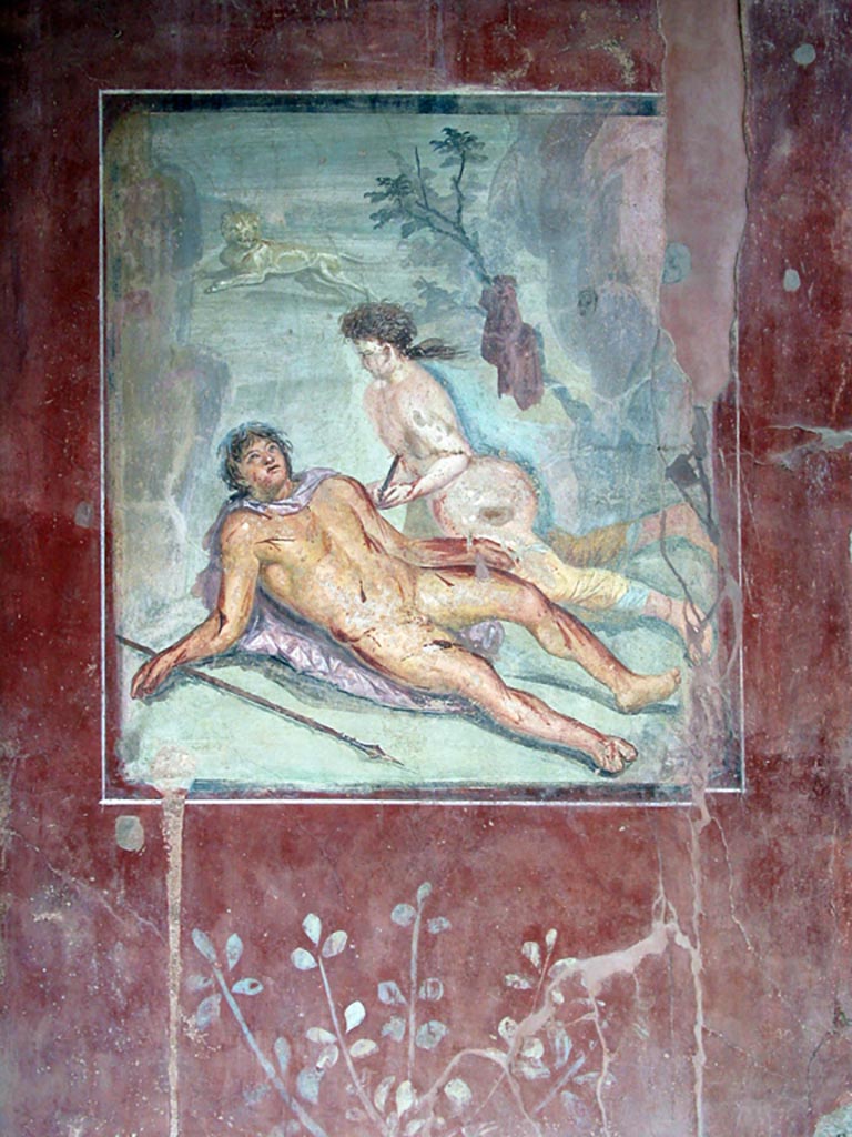 II.2.2 Pompeii. December 2019.
Room “k”, painting of Pyramus and Thisbe, from east wall of summer dining room. Photo courtesy of Giuseppe Ciaramella.