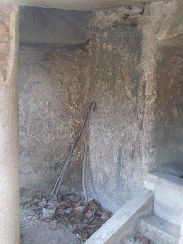 II.2.2 Pompeii. March 2009. Room “l”, garden.
Wall of nymphaeum on west side with remains of painting of Diana or Artemis, on north wall.