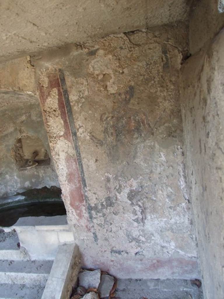 II.2.2 Pompeii. March 2009. Room “l”, garden.
North wall of nymphaeum on east side with remains of painting of Acteon.