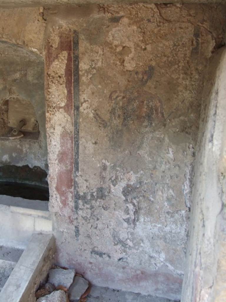 II.2.2 Pompeii. March 2009. Room “l”, garden.
North wall of nymphaeum on east side with remains of painting of Acteon.