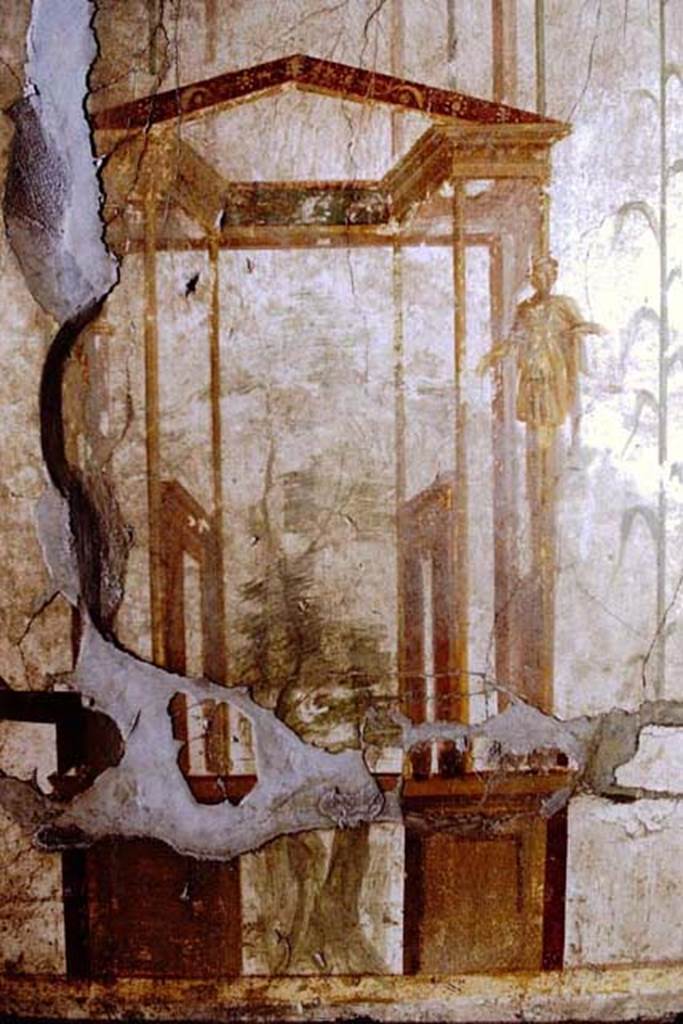 II.2.2 Pompeii. 1968. Room “d”, detail of central painting on north wall.
Photo by Stanley A. Jashemski.
Source: The Wilhelmina and Stanley A. Jashemski archive in the University of Maryland Library, Special Collections (See collection page) and made available under the Creative Commons Attribution-Non Commercial License v.4. See Licence and use details.
J68f0311