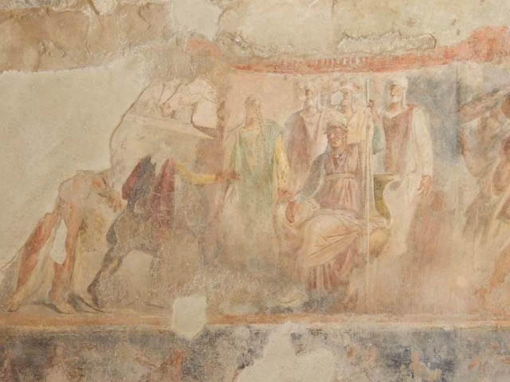 II.2.2 Pompeii. May 2016. Room “h”, east wall.
The larger upper section depicting Telamon and Laomedon, King of Troy.
Photo courtesy of Buzz Ferebee.