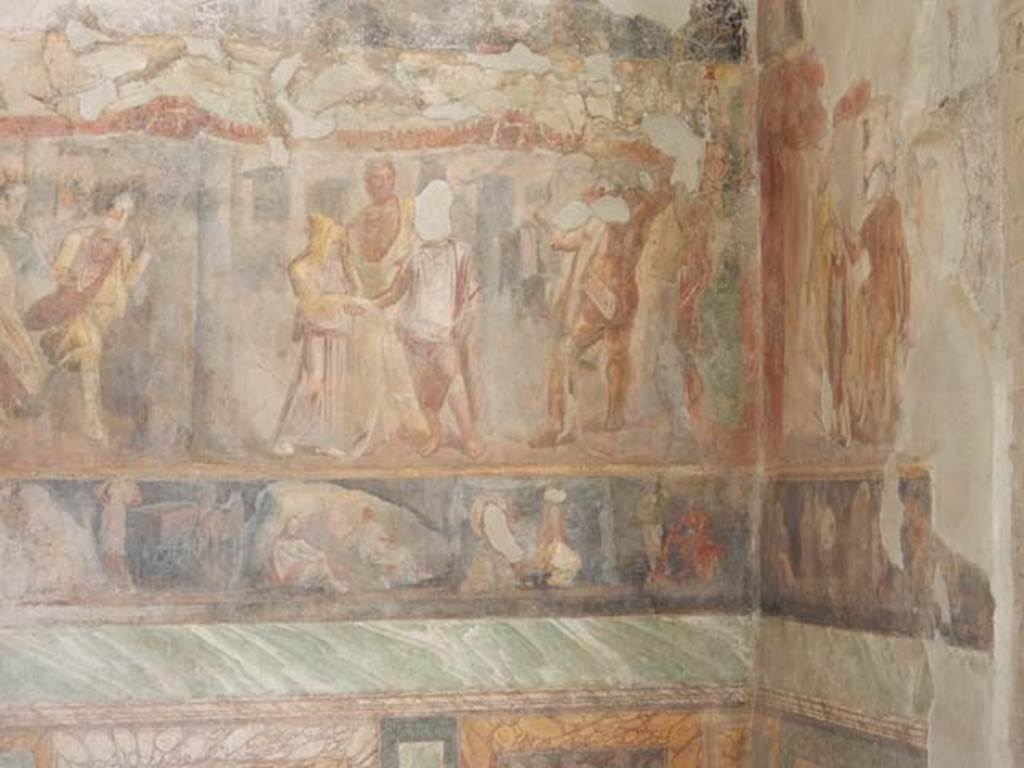 II.2.2 Pompeii. May 2016. Room “h”, east wall and part of south wall.
The larger upper section depicting Hesione and Telamon.
Photo courtesy of Buzz Ferebee.