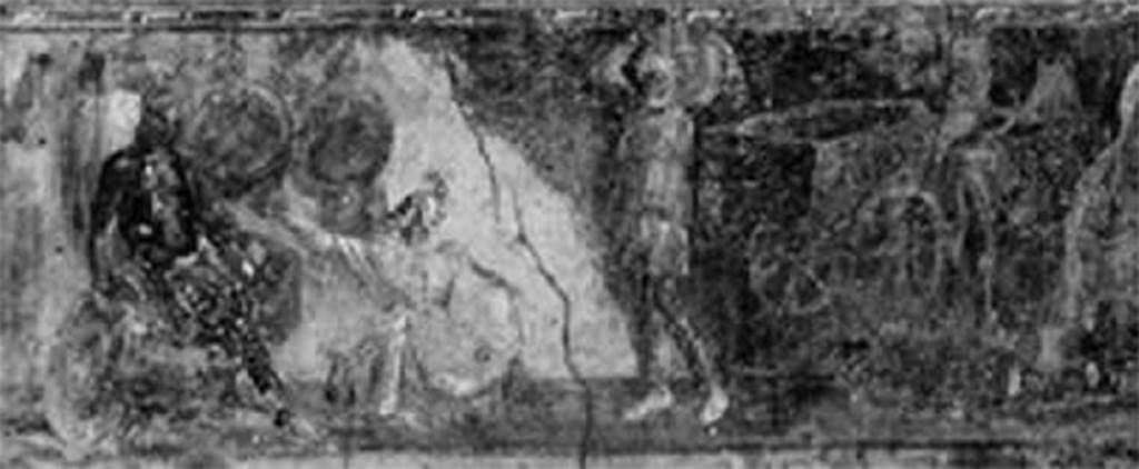 II.2.2 Pompeii. Room “h”, east wall of triclinium. A kneeling King Priam pleads with Achilles for the body of Hector.
A slave carries gifts from the cart.
A group of Achaean warriors are behind Achilles who sits dressed in a mantle with his right hand on his shield.
See Lorenz K., 2013. In Epic Visions: Visuality in Greek and Latin Epic and its Reception. Cambridge U.P., p. 238, fig. 9.3.