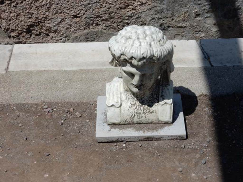 II.2.2 Pompeii. May 2016.
Room “i”, white bust of a man, perhaps a young Dionysus replaced in the garden area.
Photo courtesy of Buzz Ferebee.