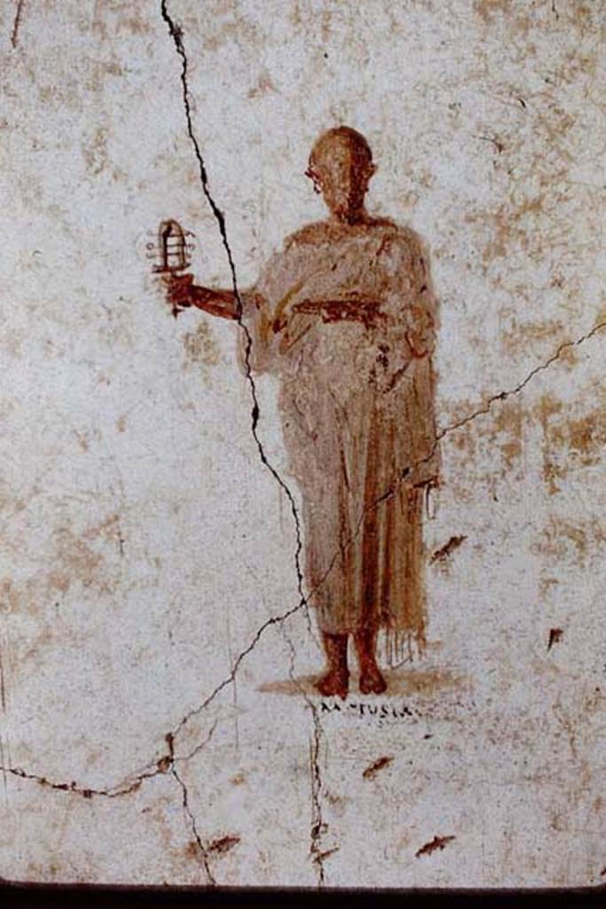 II.2.2 Pompeii. 1961. Room “f”, detail from panel on west side of south wall.
Photo by Stanley A. Jashemski.
Source: The Wilhelmina and Stanley A. Jashemski archive in the University of Maryland Library, Special Collections (See collection page) and made available under the Creative Commons Attribution-Non Commercial License v.4. See Licence and use details.
J68f0300(2)
