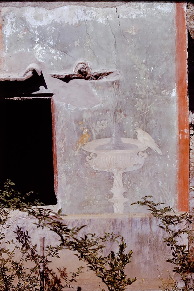 II.3.3 Pompeii. 1961.
Room 11, painted panel with bird on a fountain on exterior wall of room 10. Photo by Stanley A. Jashemski.
Source: The Wilhelmina and Stanley A. Jashemski archive in the University of Maryland Library, Special Collections (See collection page) and made available under the Creative Commons Attribution-Non Commercial License v.4. See Licence and use details.
J61f0760