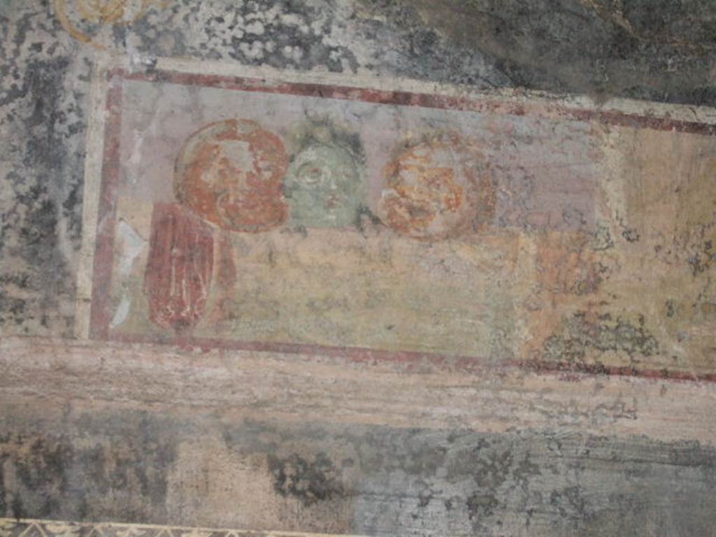 II.3.3 Pompeii. December 2005. Room 6, Triclinium. South wall. Still life with masks. See Bragantini, de Vos, Badoni, 1981. Pitture e Pavimenti di Pompei, Parte 1. Rome: ICCD. (p.222).