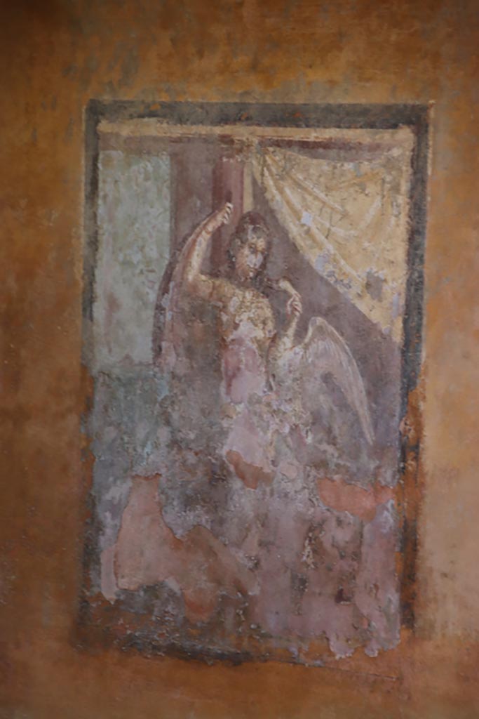 II.3.3 Pompeii. October 2023.
Room 12, central painting of Leda and the Swan from north wall of cubiculum. Photo courtesy of Klaus Heese.
