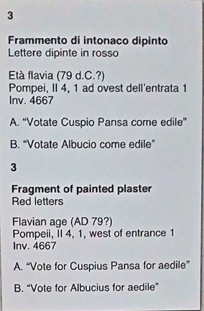 II.4.1 Pompeii. Detail from information card for fragment of painted plaster.
Now in Naples Archaeological Museum, inv. 4667. Photo courtesy of Giuseppe Ciaramella, June 2017.
