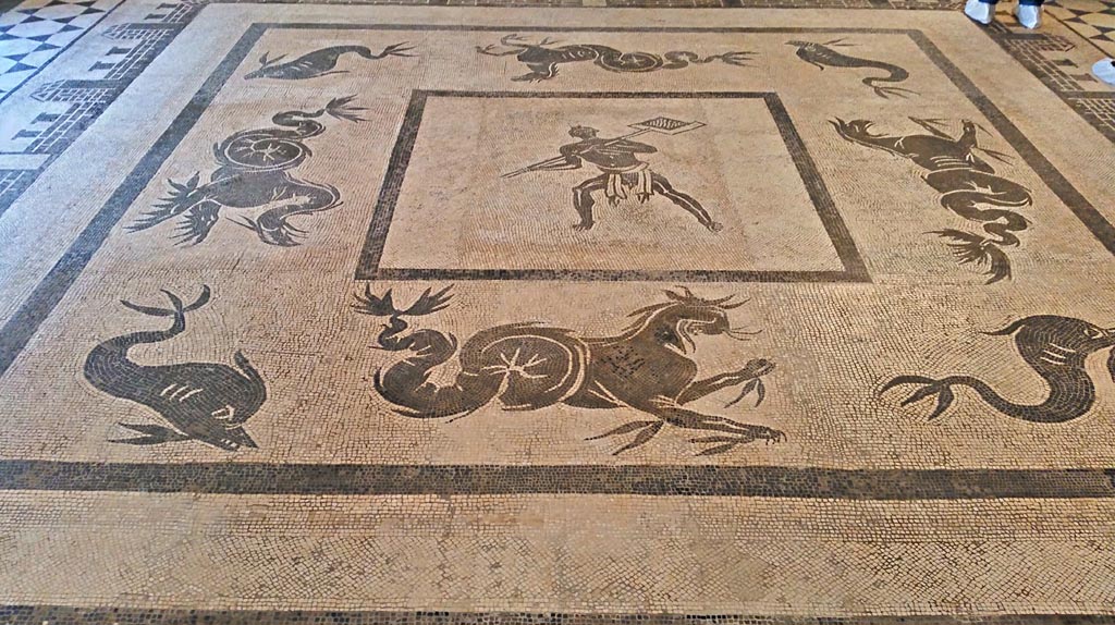 II.4.6 Pompeii. September 2017. Mosaic floor with a marine scene with dolphins and tritones.
On display in Naples Archaeological Museum. Photo courtesy of Giuseppe Ciaramella.