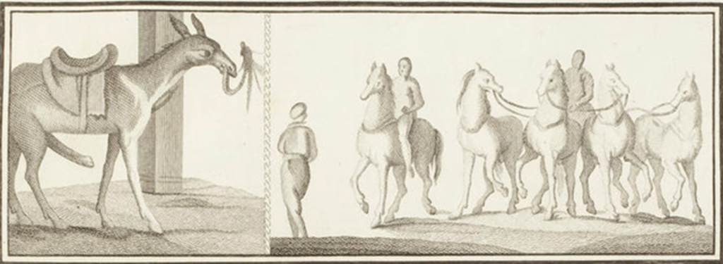 II.4.3 Pompeii. 1762 drawing of two parts of the “Forum Frieze” found in the atrium. Now in Naples Archaeological Museum. Inventory number 9062. See Accademici Ercolanesi, 1762. Le Pitture Antiche d’Ercolano: Tome III. (p.231, Tav. 44).