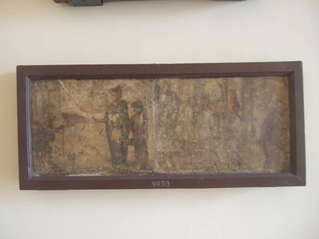 II.4.3 Pompeii. Part of the “Forum Frieze” found in the atrium.
Two women in front of a group of people, looking at or giving alms to a man with a dog. Now in Naples Archaeological Museum. Inventory number 9059. See Accademici Ercolanesi, 1762. Le Pitture Antichita di Ercolano: Tome III. (p. 227, Tav.43).