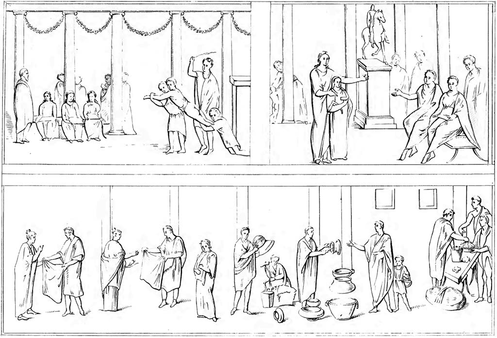 II.4.3 Pompeii. Pre-1843. Drawings by Abbate.
Top left, inventory number 9066.
Top right, inventory number 9067.
Lower drawing – The sale of clothing, pots and other objects. Now in Naples Archaeological Museum, inventory number: 9063.
See Raccolta de più interessante Dipinture e di più belle Musaici rinvenuti negli Scavi di Ercolano, di Pompei, e di Stabia. 1843. Napoli.
