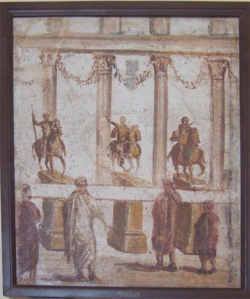 II.4.3 Pompeii. Part of the “Forum Frieze” found in the atrium.
Forum scene of people reading a banner across the front of the equestrian statues.
Now in Naples Archaeological Museum. Inventory number 9068.
See Accademici Ercolanesi, 1762. Le Pitture Antiche d’Ercolano: Tome III. (p.227, Tav. 43).