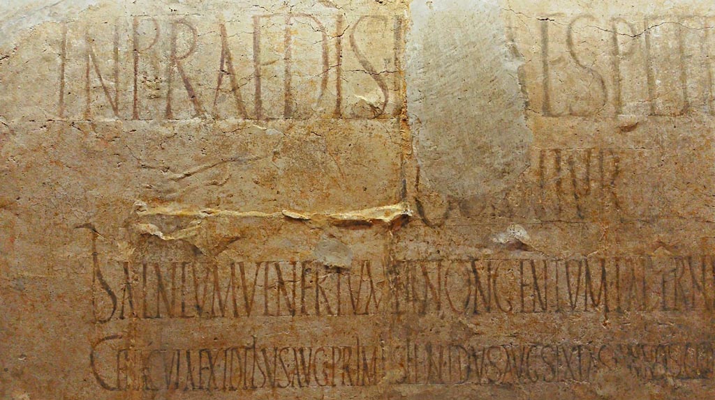 II.4.6 Pompeii. Found February 1756. Detail from fragment of painted plaster, with black letters. (CIL IV 1136).
Now in Naples Archaeological Museum. Inventory number 4713.
Photo courtesy of Giuseppe Ciaramella, June 2017.