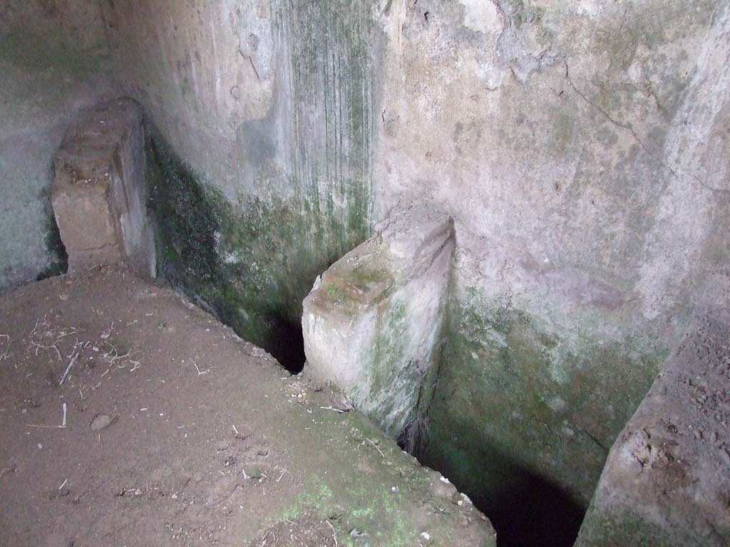 II.4.6 Pompeii. December 2006. Latrine
According to Hobson, there is evidence that the water from the pool was relayed through the multi-seat latrine to wash the effluent into a cesspit.
He quoted Parslow 2000: 201 and Plan 203.
See Hobson, B., 2009. Latrinae et foricae: Toilets in the Roman World. London; Duckworth. (p. 127)