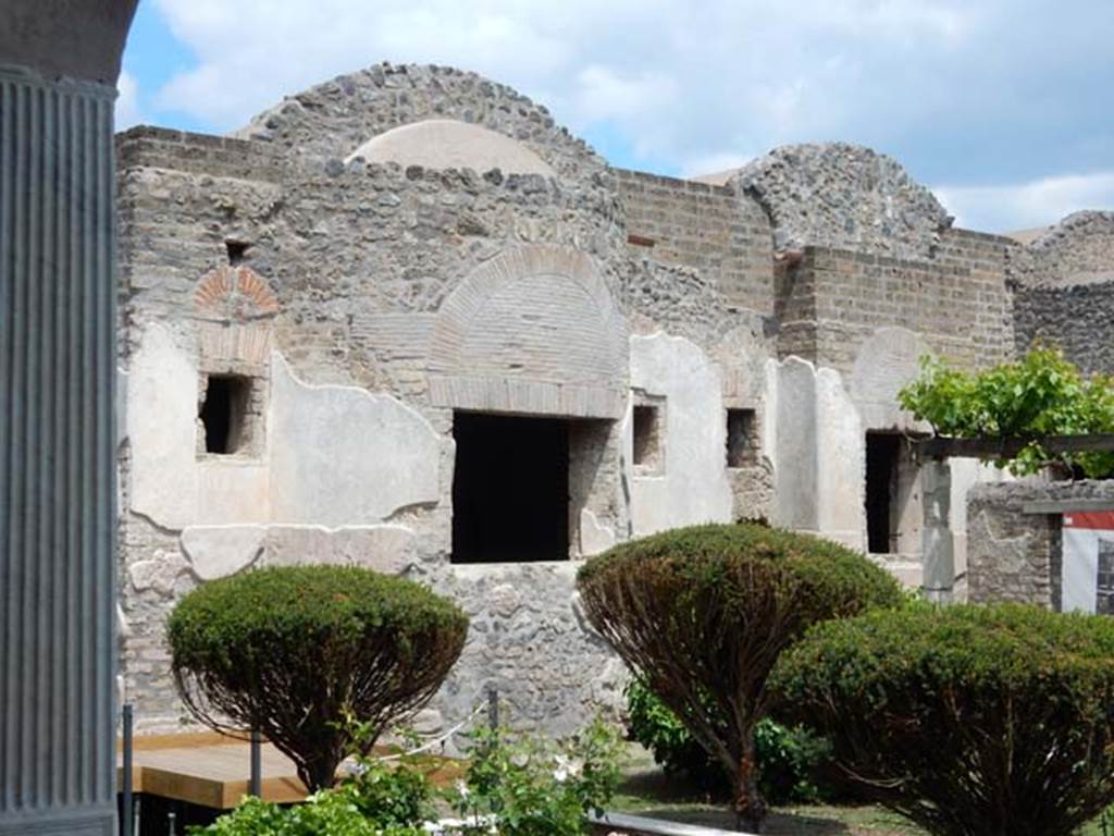 II.4.6 Pompeii. May 2016. Looking north to large window to caldarium, centre, and window to tepidarium, on right. Photo courtesy of Buzz Ferebee.