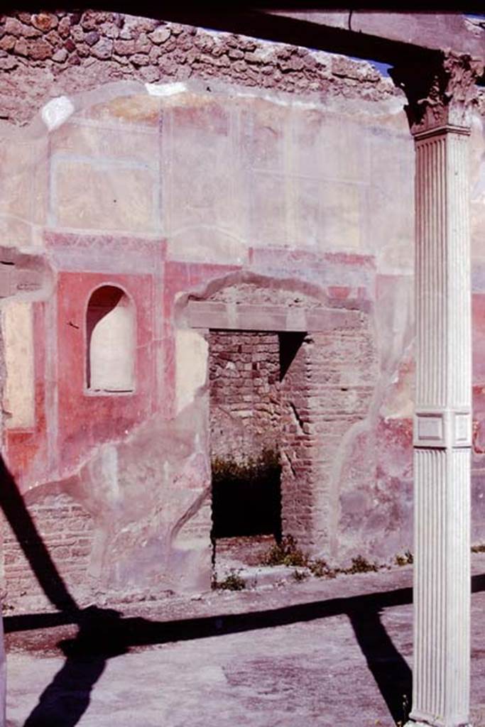 II.4.6 Pompeii, 1978. West wall of portico, with niche and remains of painted wall decoration, and doorway on north side of summer triclinium. Photo by Stanley A. Jashemski.
Source: The Wilhelmina and Stanley A. Jashemski archive in the University of Maryland Library, Special Collections (See collection page) and made available under the Creative Commons Attribution-Non Commercial License v.4. See Licence and use details. J78f0205