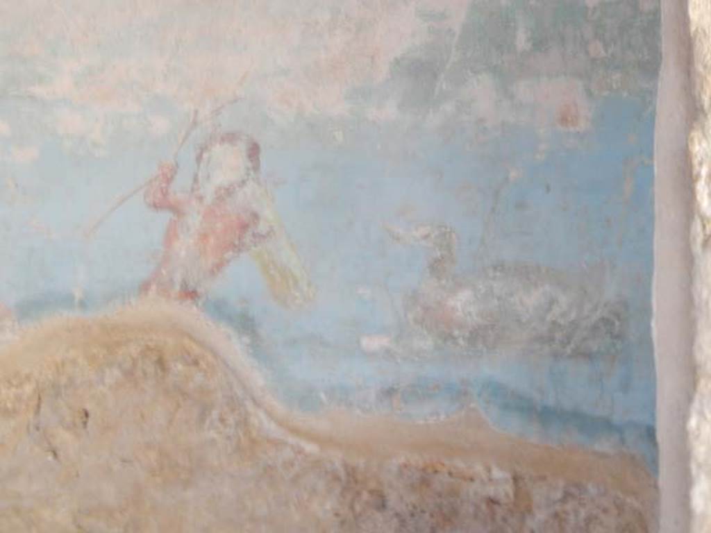 II.4.6 Pompeii. May 2016. Detail from north wall, with remains of painted decoration showing a pygmy with a bow and arrow. Photo courtesy of Buzz Ferebee.