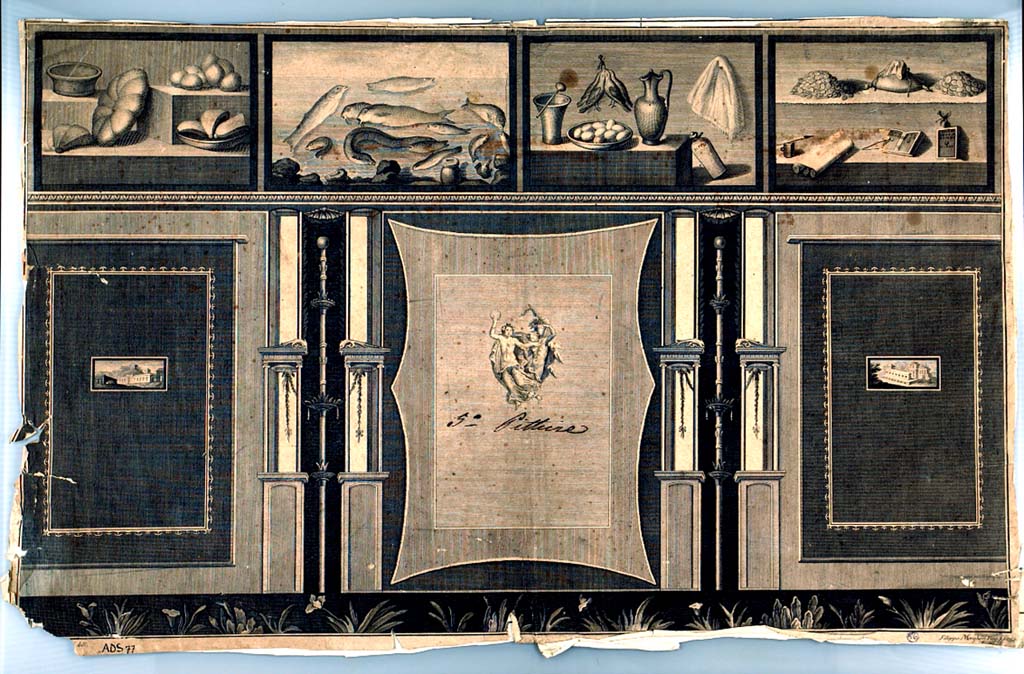 II.4.10 Pompeii. 1792 engraving by Filippo Morghen of south wall of tablinum.
Now in Naples Archaeological Museum. Inventory number ADS 77.
The original wall was detached and taken to Naples Archaeological Museum where it is now inventory number 8598.
Photo © ICCD. http://www.catalogo.beniculturali.it
Utilizzabili alle condizioni della licenza Attribuzione - Non commerciale - Condividi allo stesso modo 2.5 Italia (CC BY-NC-SA 2.5 IT)