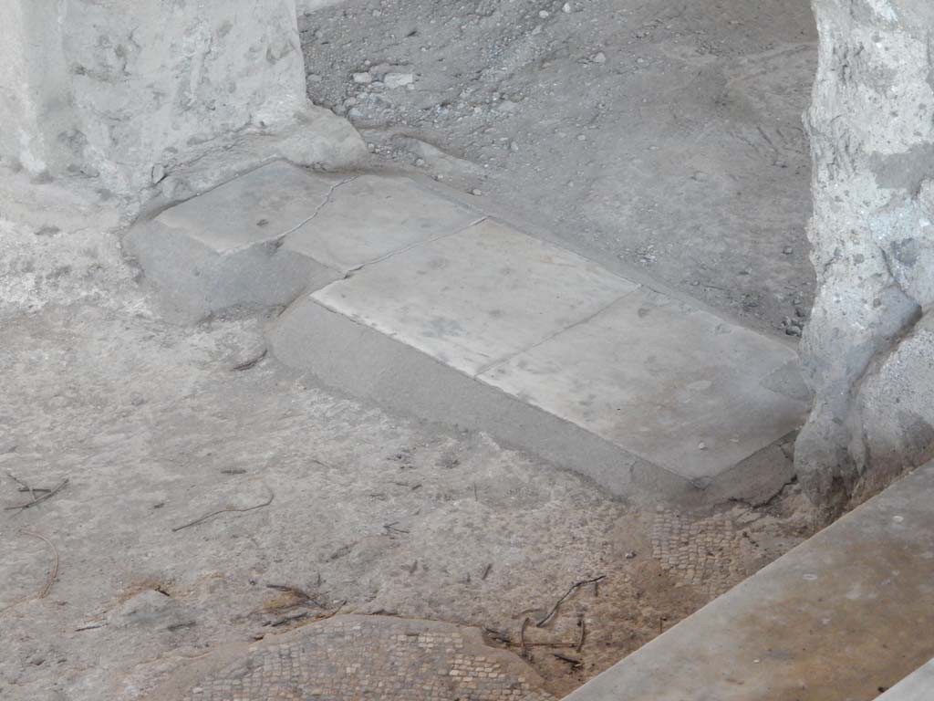 II.4.10 Pompeii. June 2019. Threshold of doorway leading west in atrium at base of steps from portico.
Photo courtesy of Buzz Ferebee.