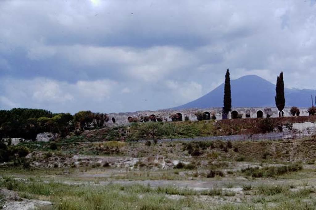 II.6 Pompeii. 1968. Looking north to ampitheatre and section of wall between Tower IV, on left, and Tower V, on right. Photo by Stanley A. Jashemski.
Source: The Wilhelmina and Stanley A. Jashemski archive in the University of Maryland Library, Special Collections (See collection page) and made available under the Creative Commons Attribution-Non Commercial License v.4. See Licence and use details.
J68f1756