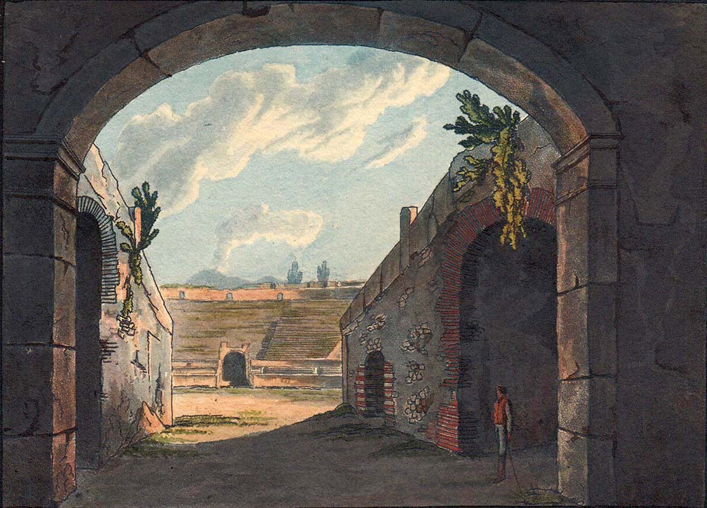 II.6 Pompeii. Pre-1824. Looking north from exit on south side of Amphitheatre.
Pre-1824 aquatint by Jakob Wilhelm Huber, “L’Amphitheatre”.