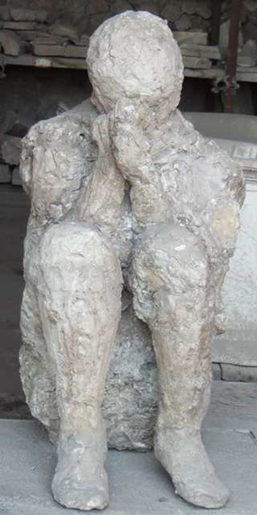 II.7.1 Pompeii. Palaestra. Plaster cast of victim found near the latrine, perhaps found crouching on the ground with his back against the wall of the south portico. Now in VII.7.29 Forum granary market.
Other victims found along the south portico (p.225) – Skeleton of a horse and its driver. The skeleton of the horse had been found almost leaning against the portico wall; his legs folded on the ground, his body a little contracted but still reassured in its anatomical composure; his head rested on the ash bank. Less than a metre from the animal's head, the skeleton of the person to whom the horse belonged was found.
Extraordinary detail: eleven beads of glass-paste were collected around the bones of the beast's neck; a necklace as it is still used today in Campania as part of the decoration of the animal.
Found towards the eastern extremity from the southern portico, and from which plaster-casts could be made because they both lay in the high layer of ash. The one was a beautiful young man's body with agile legs knocked down on the portico floor at the first fall of the ashes. The other, the most tragically posed, was found leaning against the wall, kneeling, crouching on the ground, in that crouching position that is found in Neolithic tombs, with his head folded forward, bent almost between his knees, for the better protection of himself with his hands and cloak against the exhalation of asphyxiating gases. He had shoes on his feet and wore the typical cloak of the peasant, the “cuculla”, whose flaps he held tight against his mouth. And in removing the ash under his knees, imprints of overlapping fabrics were noticed, as if the unfortunate man had found comfort in his tragic pose by shielding his knees with the few garments he could arrange. (p.225-6)
For Maiuri’s “Scavo della “Grande Palestra” nel quartiere dell’Anfiteatro, -
see Notizie degli Scavi, Anno 1939, Fascicoli 7, 8, 9, on pages 165-238