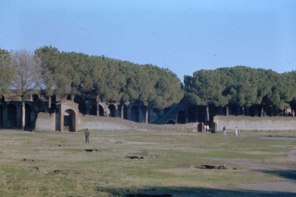 Palestra, II.7.4, on left, and II.7.3, on right, looking east across near plaster casts of tree-roots. 4th December 1971.
Photo courtesy of Rick Bauer, from Dr.George Fay’s slides collection.